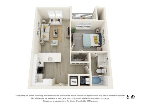 Floor plan for 1 bed, 1 bath, 651 sqft